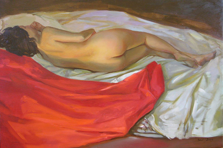 Akt leżący z czerwoną draperią